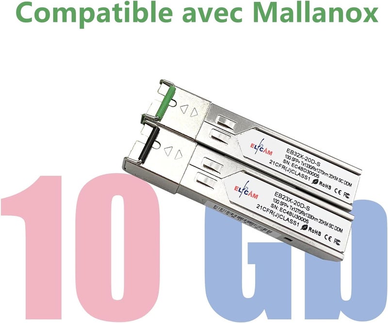 Elfcam ® - 1 Pair 10G SFP+ BiDi SC Fiber Transceiver Module, with Fiber Port SC Simplex Single Mode 9/125um OS2, Compatible with Mallanox, DDM 20km - Image 3